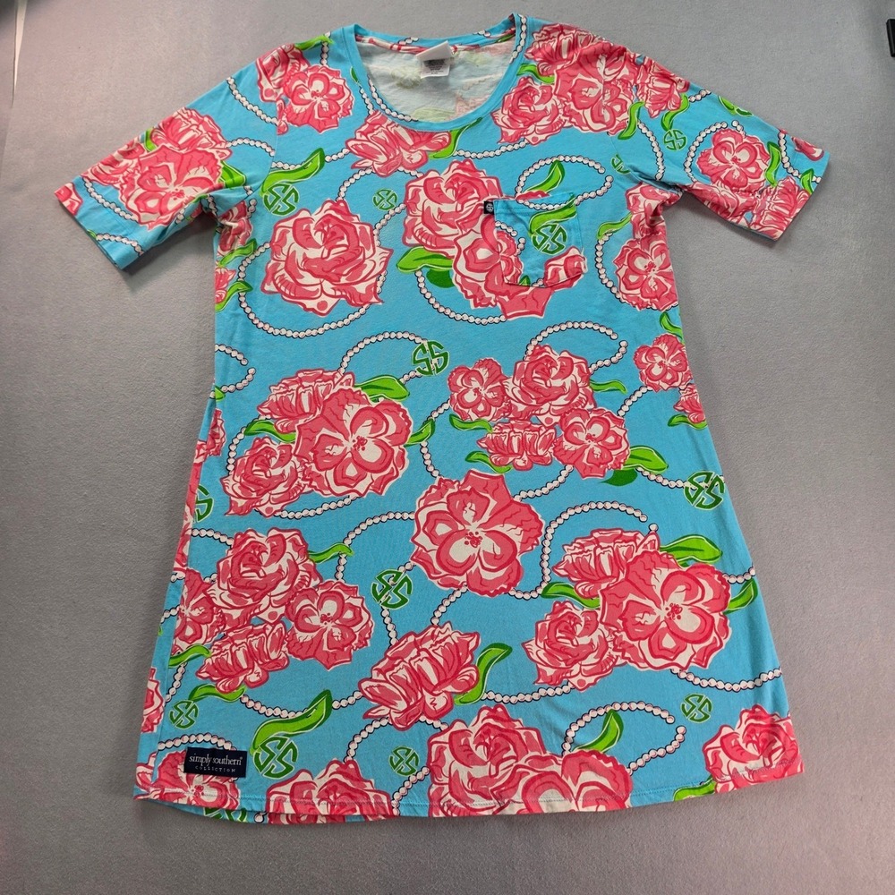 Simply Southern Floral Pearl T-Shirt Dress Blue Pink Rose Cotton XL 2X Preppy